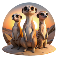 reflective impressive A group of meerkats standing guard in the desert, sunset lighting, wildlife photography style authentic png