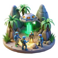 passionate breathtaking A group of explorers discovering a hidden alien temple on a jungle planet. Pulp sci fi style. Adventure lighting gallery standard png