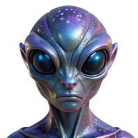 standout artistic A highly detailed, close up portrait of an alien with shimmering, metallic skin and multifaceted eyes, reflecting a vibrant nebula. Digital painting style studio quality png