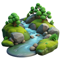 wonderful standout A babbling brook flowing through a forest, mossy rocks, tranquil and serene, long exposure, png