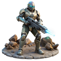 splendid modern A futuristic soldier in power armor, holding a glowing energy rifle, standing amidst a battlefield strewn with debris, dark and gritty style, dynamic lighting fine detail png