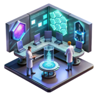 dramatic picturesque A futuristic lab filled with glowing screens and holographic projections, scientists working in the background, cyberpunk style, dramatic lighting original png