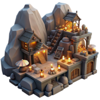 majestic rustic A bustling marketplace in a dwarven city carved into the side of a mountain, warm firelight and lantern light, in a detailed steampunk style handcrafted png