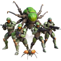 dramatic distinctive A group of genetically engineered soldiers, clad in power armor, battles giant, insectoid aliens on a war torn alien planet. Military sci fi style, dramatic lighting png