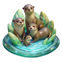 impressive retro A playful family of otters frolicking in a crystal clear stream, dappled sunlight filtering through the leaves above, painted in an impressionistic style handcrafted png