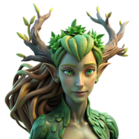 spectacular exceptional A serene dryad emerges from a gnarled oak tree, her skin covered in moss and bark, sunlight dappling through the leaves. Hyperrealistic style png