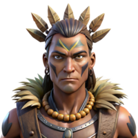 striking coastal Portrait of a tribal warrior adorned with intricate face paint and feathers, a fierce expression on their face. Studio lighting with strong shadows. Photorealistic style handcrafted png