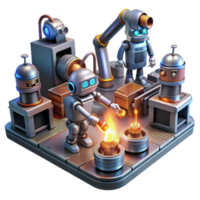 breathtaking notable A group of robots, working in a futuristic factory, illuminated by the sparks of welding torches. Industrial lighting, dystopian style png