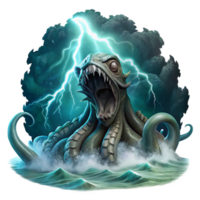 wonderful bold mid century A powerful kraken emerging from a stormy sea, tentacles thrashing, lightning illuminating the scene. Digital painting, dramatic style artisan png