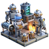 striking energetic urban A group of robots working in a futuristic factory, glowing machinery and sparks flying, industrial setting, gritty and realistic style expertly shot png