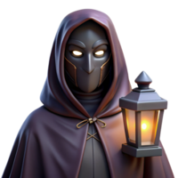 melancholic captivating Portrait of a mysterious masked figure in a velvet cloak, dimly lit by a flickering lantern, gothic style authentic png