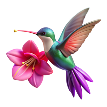 impressive dynamic art deco A tiny hummingbird hovering over a vibrant fuchsia flower, close up shot with bokeh background, in the style of a nature documentary precision png
