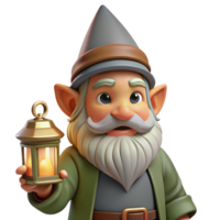 passionate immaculate Portrait of a grumpy gnome with a long beard, pointed hat, and holding a small lantern. Warm, firelight. Fantasy art style professional png