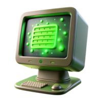 serene ethereal futuristic A vintage computer monitor displaying cascading green text, dust motes illuminated by its glow, dimly lit room, retrofuturism style studio quality png