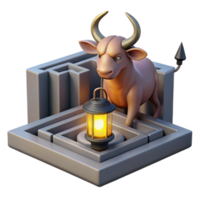 spectacular traditional Minotaur trapped within the labyrinth, dimly lit by a single lantern, surrealist style gallery standard png