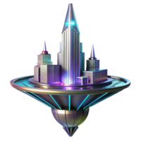 fascinating minimalist A futuristic, floating skyscraper, sleek and metallic design, neon city lights reflection, cyberpunk style, exclusive png