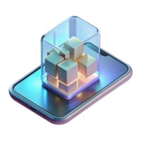 radiant futuristic A transparent smartphone displaying a complex 3D model, soft, ambient lighting, minimalist style ultra HD png