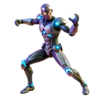 hypnotic traditional A cybernetically enhanced human with glowing implants and augmented limbs performs a complex martial arts move. Dynamic, spotlight lighting. Cyberpunk style 4K png