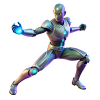 coveted traditional A cybernetically enhanced human with glowing implants and augmented limbs performs a complex martial arts move. Dynamic, spotlight lighting. Cyberpunk style artisan png