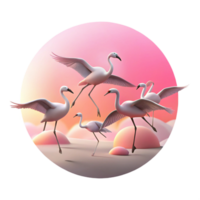 distingerad tropisk en flock av flamingos tar flyg mot en pastell solnedgång, silhouetted siffror, i en minimalistisk stil hög kvalitet png