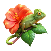 unforgettable traditional A chameleon perched on a branch of a flowering hibiscus, its skin displaying vibrant shades of orange and green, captured in a nature documentary style professional png