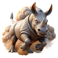 radiant classic A powerful rhinoceros charging across the plains, dynamic pose, dust clouds, realistic style museum quality png