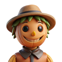 splendid futuristic Portrait of a whimsical scarecrow with a stitched smile, autumnal lighting, folk art style crisp png
