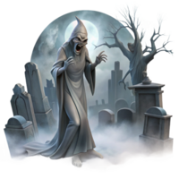 glorious melancholic retro A mysterious Banshee wailing in a foggy graveyard, moonlight filtering through the mist, Gothic horror style handcrafted png