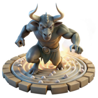 dramatic traditional A powerful minotaur charging through a labyrinth, dust motes dancing in the shafts of light from above, dark fantasy style flawless png