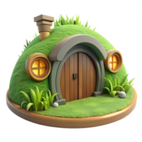 radiant signature A hobbit hole built into a hillside, round wooden door, lush green grass, idyllic atmosphere, fantasy style, png