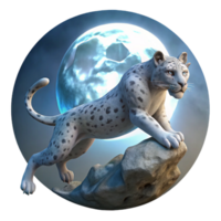 tranquil serene A majestic snow leopard leaping across a chasm, illuminated by a full moon, painted in the style of Frank Frazetta high resolution png