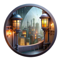 dramatic splendid A steampunk cityscape, viewed through a rain streaked window, illuminated by the flickering glow of gaslights. Impressionistic style, muted colors exclusive png