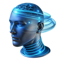 wonderful memorable A transparent human head filled with swirling lines of code, illuminated from within by a pulsating blue light, cyberpunk style png