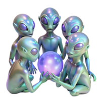 impressive intense surreal A group of alien creatures, with iridescent skin, gathered around a glowing orb, bathed in its ethereal light. Mystical lighting, fantasy style ultra HD png