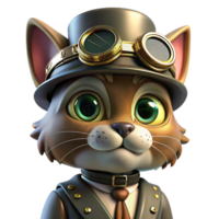 captivating tranquil classic A portrait of a steampunk cat wearing goggles and a tiny top hat, with gears and springs embedded in its fur, lit by a soft, warm lamplight detailed png