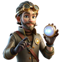 magnificent distinguished A portrait of a steampunk inventor, intricate goggles, holding a glowing orb, Rembrandt lighting, realistic style png