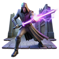 unparalleled bohemian A powerful, energy weapon, crackling with raw power, held by a cloaked figure in a darkened alleyway. Neon lighting, noir style gallery standard png
