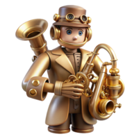 whimsical majestic A steampunk automaton musician playing a brass instrument, intricate clockwork mechanisms visible, warm stage lighting, art deco style handcrafted png