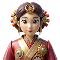 radiant industrial A beautiful steampunk automaton, resembling a geisha, adorned with intricate clockwork mechanisms and silken robes. Soft, diffused lighting with a warm color palette professional png