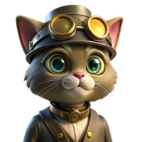 fascinating playful renaissance A portrait of a steampunk cat wearing goggles and a tiny top hat, with gears and springs embedded in its fur, lit by a soft, warm lamplight precision png
