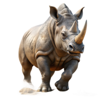 impressive calm victorian A powerful rhinoceros charging through the bush, dramatic dust and light, depicted in a dynamic, realistic style genuine png