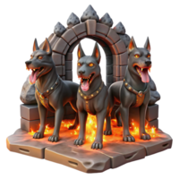 radiant timeless Cerberus, the three headed dog, guarding the gates of Hades, glowing embers illuminating the hellish landscape, dark fantasy art style png