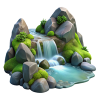 harmonious radiant A crystal clear mountain stream cascading over smooth rocks, surrounded by lush green moss, photorealistic style high resolution png