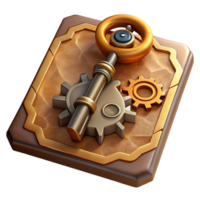 signature traditional A steampunk key, intricately designed with gears and cogs, lying on a weathered map. Dramatic lighting, adventurous style authentic png