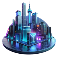 reflective immaculate A futuristic cityscape at night, towering holographic advertisements shimmering in the rain, cyberpunk style, neon lights reflecting in puddles, viewed from a low angle genuine png