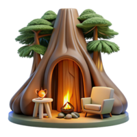 whimsical vibrant A giant sequoia tree hollowed out into a living space, warm firelight, cozy atmosphere, authentic png