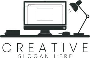 Modern Workspace Design Minimalist Computer Setup Creative Office desk lamp icon logo flat vector