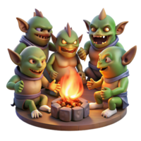 stunning acclaimed A group of goblins feasting around a roaring bonfire in a dark forest, warm, flickering lighting, dark fantasy art style png