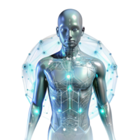 stunning standout A transparent human figure with glowing circuitry visible beneath the skin, surrounded by data streams, illuminated by a soft white light, in a cyberpunk style png
