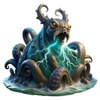 dazzling notable A powerful kraken emerging from a stormy sea, tentacles thrashing, lightning illuminating the scene. Digital painting, dramatic style png